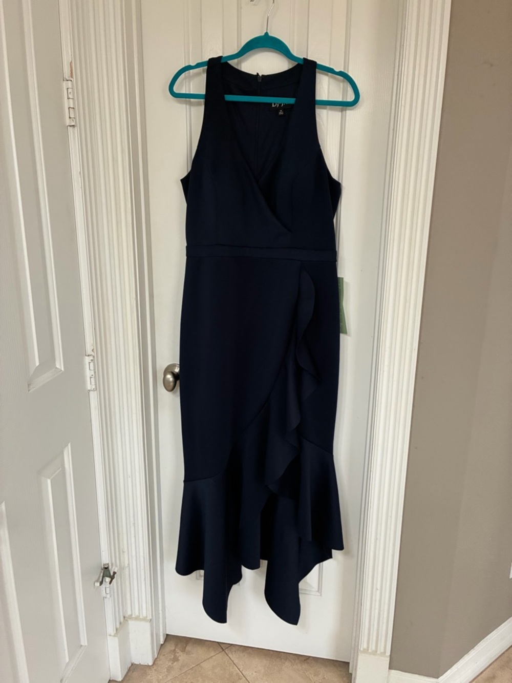 Sleeveless Navy Wrap-Style Ruffle Midi Dress